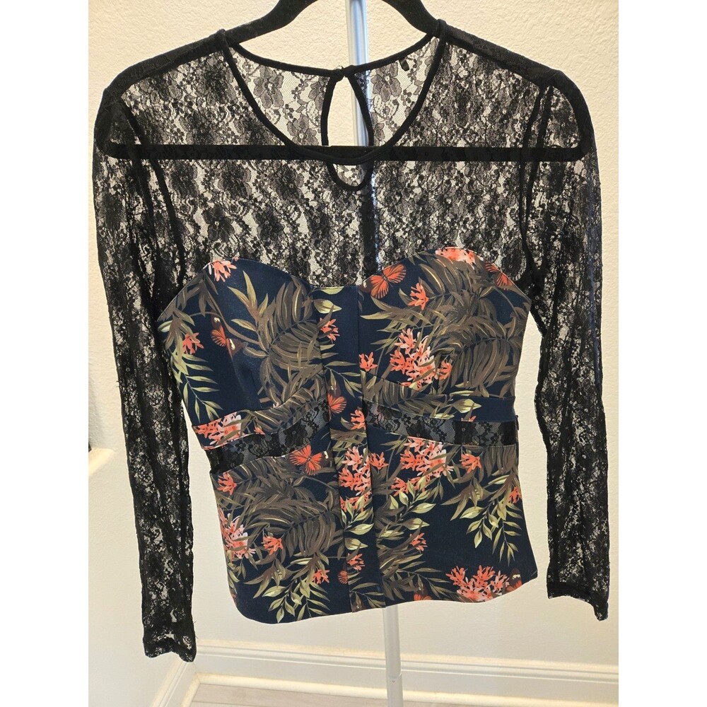 Guess Womens Lace Long Sleeve Top Tropical Floral Cutout Blouse Black Size S